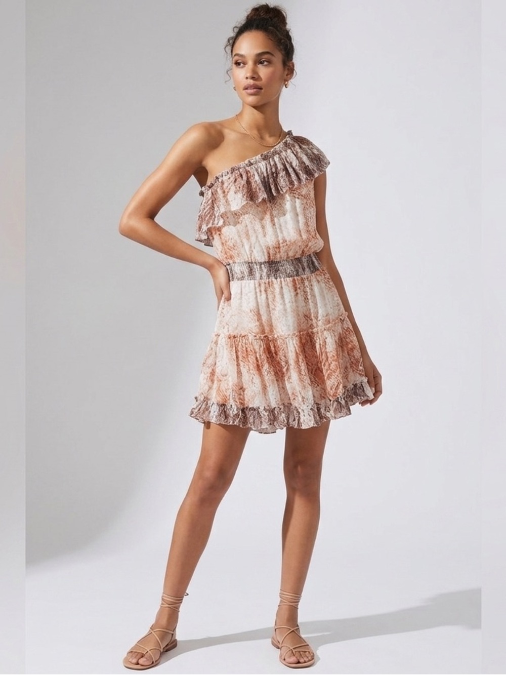 One-Shoulder Ruffle Tiered Mini Dress in Peach